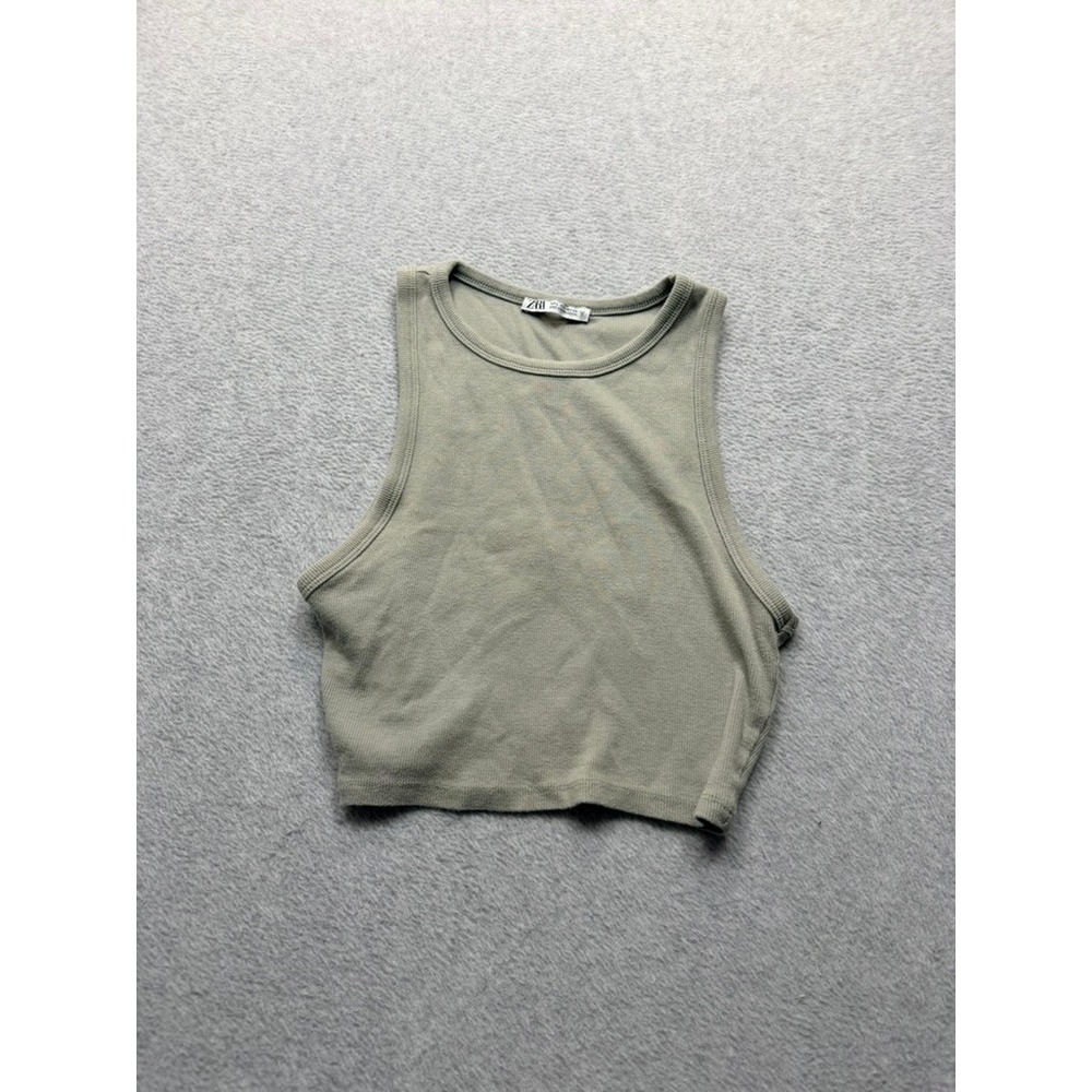 Zara Womens Ribbed Knit Crop Tank Top Sage Green Size Large Sleeveless Crew Neck